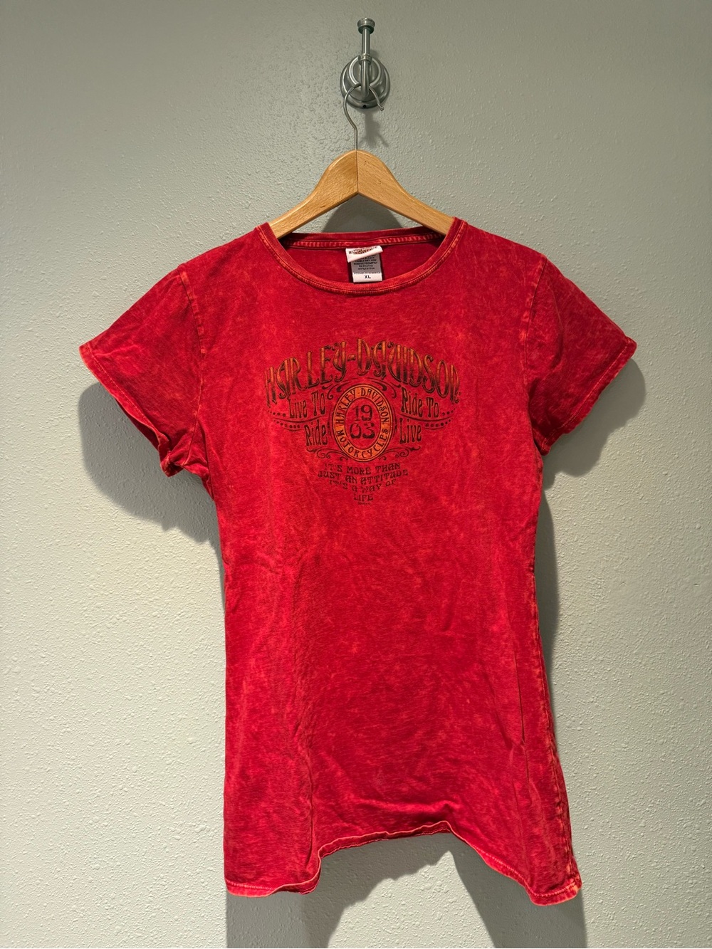 Harley Davidson Womens Red Acid Wash Graphic T Shirt XL